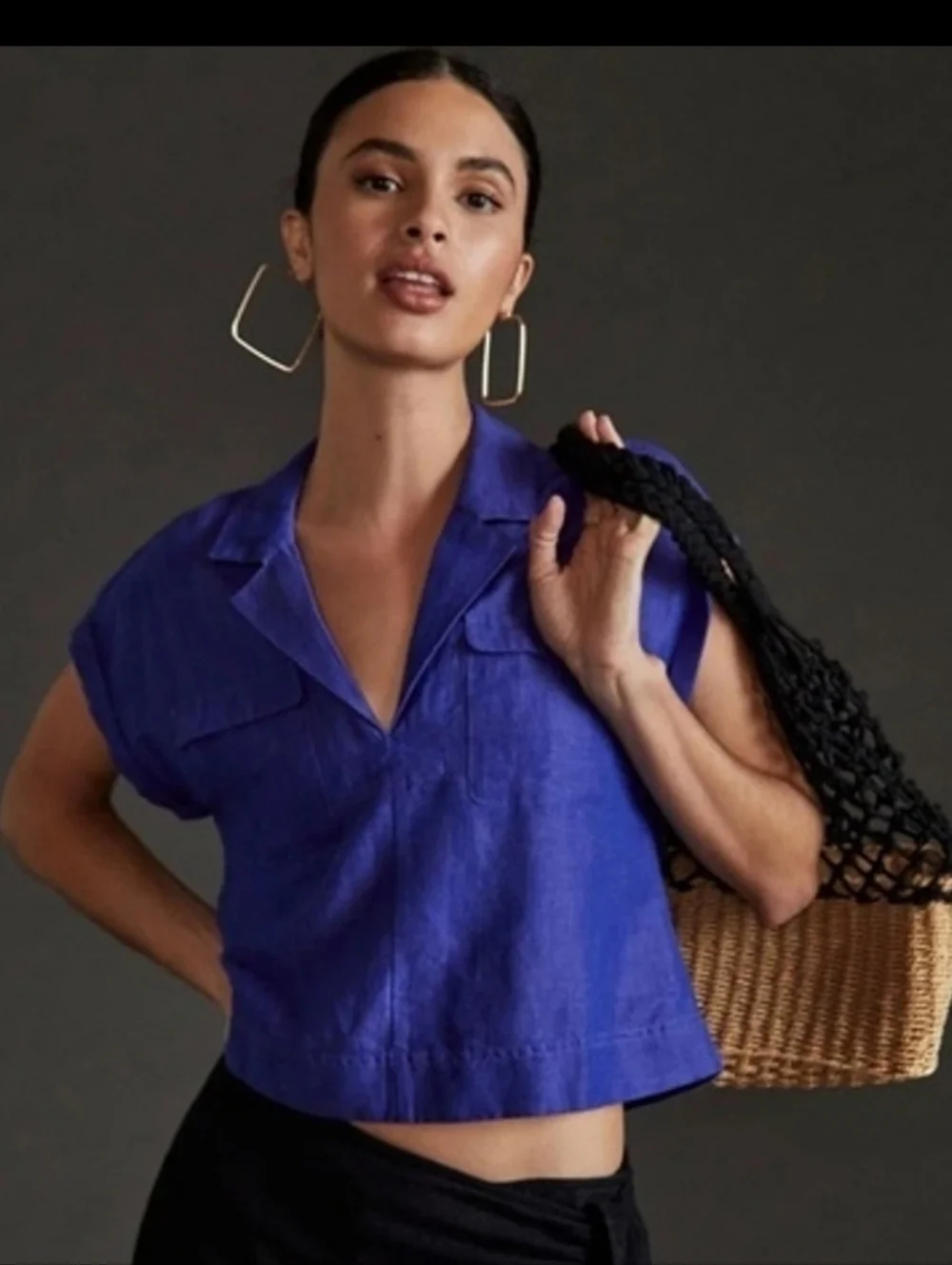 Anthropologie Womens Blue Linen Blend Oversized Boxy Boho Crop Top Sz M - Picture 3 of 12